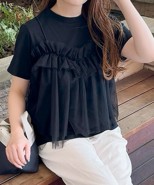 RANAN（ラナン）の「チュールビスチェドッキングＴシャツ（Tシャツ/カットソー・レディース・ホワイト×ブラック/ホワイト×グレー/チャコールグレー×ブラック/ブラック・LL/L/M）」の4枚目の写真