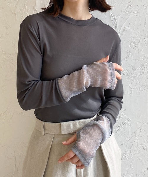 セール】フィンガーホール配色長袖切り替えラメシアートップス（T