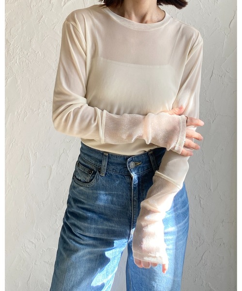 She's Closet(シーズクローゼット)の「フィンガーホール配色長袖切り替えラメシアートップス(Tシャツ/カットソー・レディース・チャコールグレー/ブラック/オフホワイト/アイボリー/サンドベージュ・FREE)」の8枚目の写真