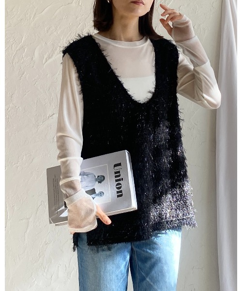 She's Closet(シーズクローゼット)の「フィンガーホール配色長袖切り替えラメシアートップス(Tシャツ/カットソー・レディース・チャコールグレー/ブラック/オフホワイト/アイボリー/サンドベージュ・FREE)」の14枚目の写真