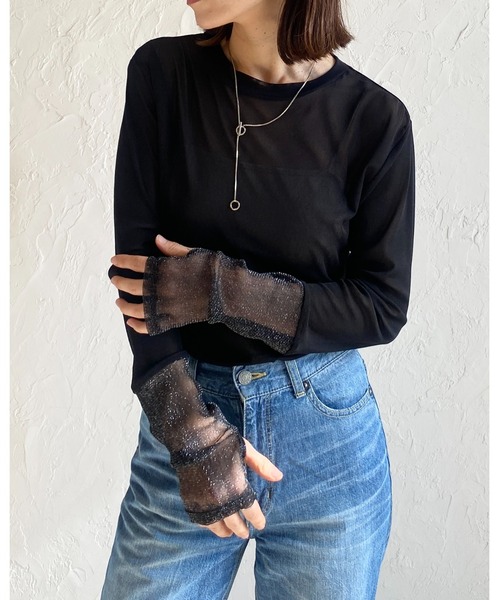 She's Closet(シーズクローゼット)の「フィンガーホール配色長袖切り替えラメシアートップス(Tシャツ/カットソー・レディース・チャコールグレー/ブラック/オフホワイト/アイボリー/サンドベージュ・FREE)」の22枚目の写真