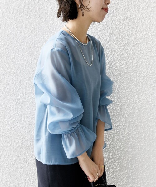 SHIPS◆22SS/ツイードプルオーバーブラウス/M/コットン/GRY/311-10-0661-1294 セール】オーガンジー 袖 ゴム ブラウス（シャツ/ブラウス