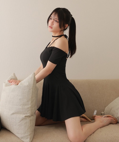 off shoulder halter mini dress/オフショルダーホルターミニ