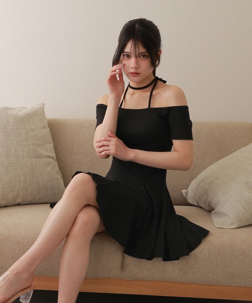 off shoulder halter mini dress/オフショルダーホルターミニ