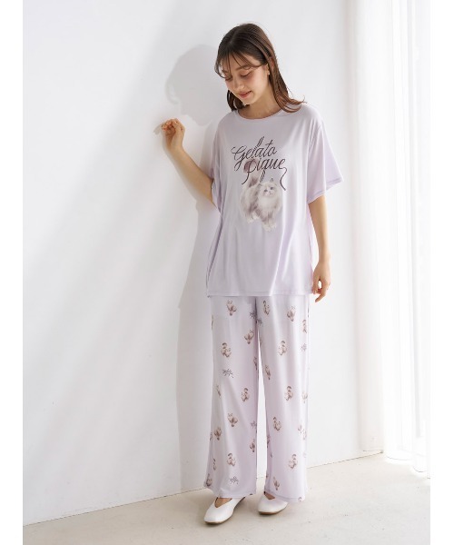 新品ジェラートピケ CAT柄ワンポイントTシャツ&ロングパンツ上下セット ONLINE限定】【HOMME】sleeping cat ワンポイントTシャツ＆総柄ロング