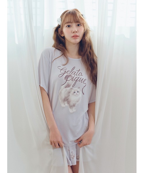 【ジェラートピケ】CAT柄ワンポイントTシャツ セール】CAT柄ワンポイントTシャツ（ルームウェア/パジャマ