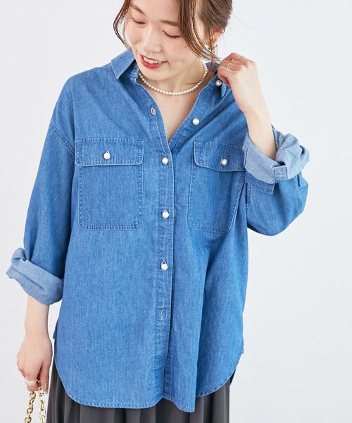 セール】《軽いシャツ素材》パールボタンデニムシャツ（シャツ