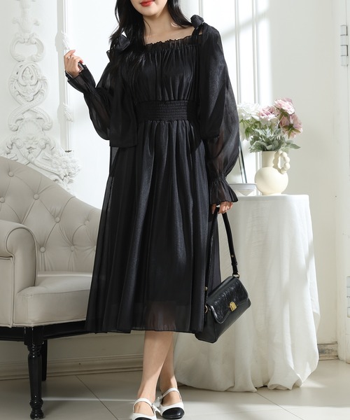Lace Ladies(レースレディース)の「肩リボン シフォン オフショルダー ギャザー ワンピース(ワンピース・レディース・グレー/ブラック/ピンク・FREE)」の1枚目の写真