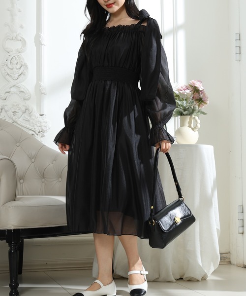 Lace Ladies(レースレディース)の「肩リボン シフォン オフショルダー ギャザー ワンピース(ワンピース・レディース・グレー/ブラック/ピンク・FREE)」の10枚目の写真