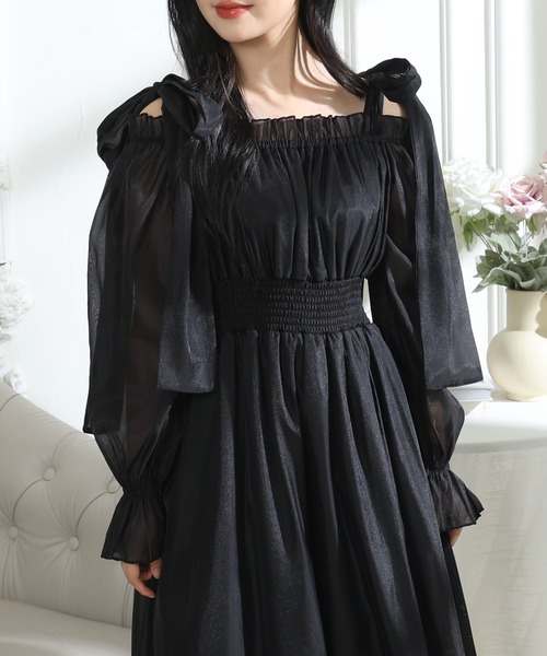 Lace Ladies(レースレディース)の「肩リボン シフォン オフショルダー ギャザー ワンピース(ワンピース・レディース・グレー/ブラック/ピンク・FREE)」の11枚目の写真