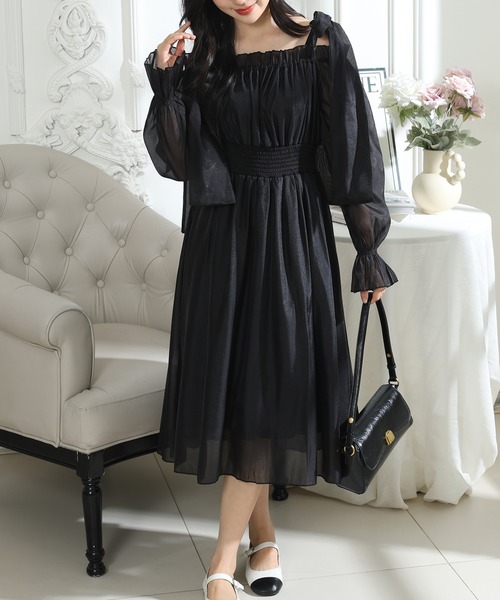 Lace Ladies(レースレディース)の「肩リボン シフォン オフショルダー ギャザー ワンピース(ワンピース・レディース・グレー/ブラック/ピンク・FREE)」の12枚目の写真