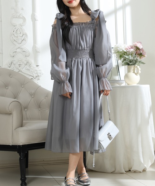 Lace Ladies(レースレディース)の「肩リボン シフォン オフショルダー ギャザー ワンピース(ワンピース・レディース・グレー/ブラック/ピンク・FREE)」の4枚目の写真