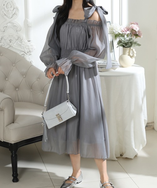 Lace Ladies(レースレディース)の「肩リボン シフォン オフショルダー ギャザー ワンピース(ワンピース・レディース・グレー/ブラック/ピンク・FREE)」の5枚目の写真