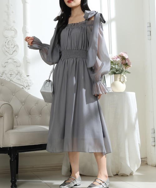 Lace Ladies(レースレディース)の「肩リボン シフォン オフショルダー ギャザー ワンピース(ワンピース・レディース・グレー/ブラック/ピンク・FREE)」の8枚目の写真
