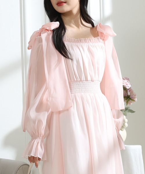 Lace Ladies(レースレディース)の「肩リボン シフォン オフショルダー ギャザー ワンピース(ワンピース・レディース・グレー/ブラック/ピンク・FREE)」の14枚目の写真