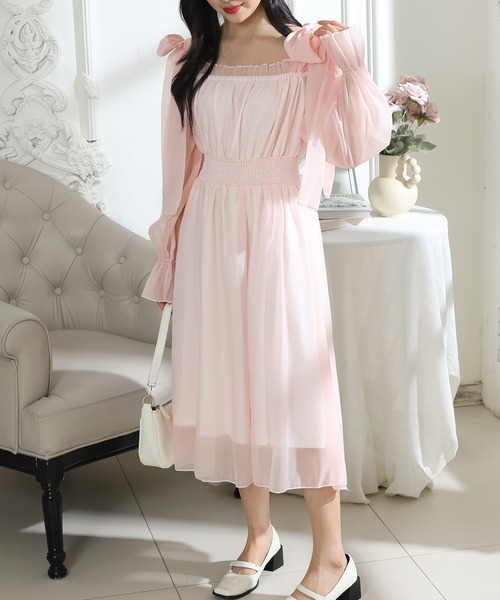 Lace Ladies(レースレディース)の「肩リボン シフォン オフショルダー ギャザー ワンピース(ワンピース・レディース・グレー/ブラック/ピンク・FREE)」の15枚目の写真