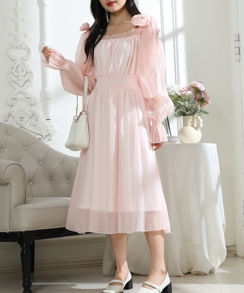 Lace Ladies(レースレディース)の「肩リボン シフォン オフショルダー ギャザー ワンピース(ワンピース・レディース・グレー/ブラック/ピンク・FREE)」の18枚目の写真