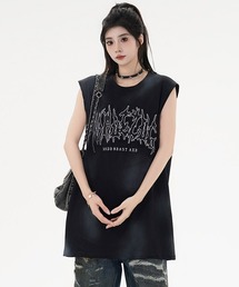 オーバーサイズユーズド加工刺繍ロゴノースリーブTシャツ
