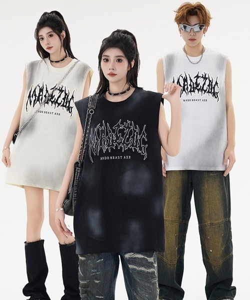 Ressaca(レサーカ)の「オーバーサイズユーズド加工刺繍ロゴノースリーブTシャツ(タンクトップ・レディース・ブラック/アイボリー/ホワイト・XL/L/M)」の4枚目の写真