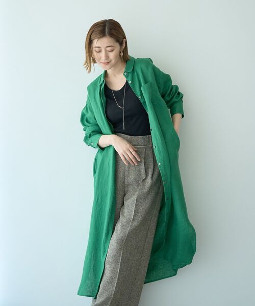 TICCA リネン100% 2wayロングシャツワンピース　カーキ TICCA リネン100% 2wayロングシャツワンピース カーキ