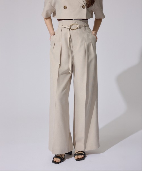 rienda（リエンダ）の「リネンライクワイドタックベルト付きパンツ（スラックス・レディース・ベージュ/グレー・SMALL/MEDIUM）」の2枚目の写真