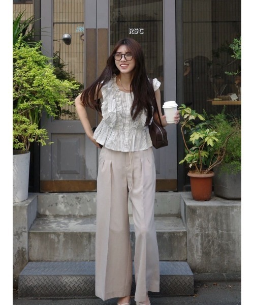 rienda（リエンダ）の「リネンライクワイドタックベルト付きパンツ（スラックス・レディース・ベージュ/グレー・SMALL/MEDIUM）」の15枚目の写真