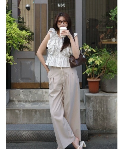 rienda（リエンダ）の「リネンライクワイドタックベルト付きパンツ（スラックス・レディース・ベージュ/グレー・SMALL/MEDIUM）」の18枚目の写真