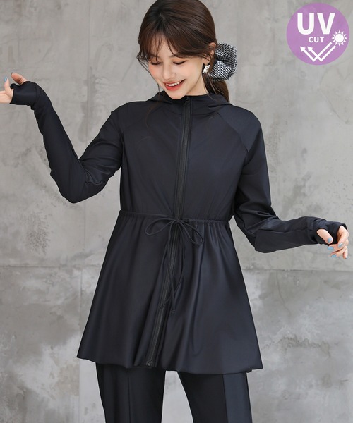 TeddyShop(テディショップ)の「【UVカット率 99.9%以上/UPF50+/水陸両用】レディース水着 長袖フード付きハイネックジップアップ体型カバーラッシュガード パーカー(パーカー・レディース・ホワイト/ピンク/ネイビー/ブラック・S/L/LL/M)」の7枚目の写真