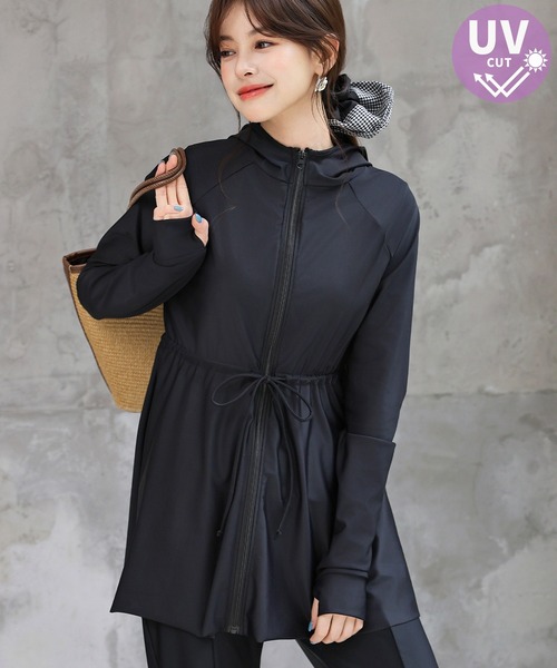 TeddyShop(テディショップ)の「【UVカット率 99.9%以上/UPF50+/水陸両用】レディース水着 長袖フード付きハイネックジップアップ体型カバーラッシュガード パーカー(パーカー・レディース・ホワイト/ピンク/ネイビー/ブラック・S/L/LL/M)」の8枚目の写真