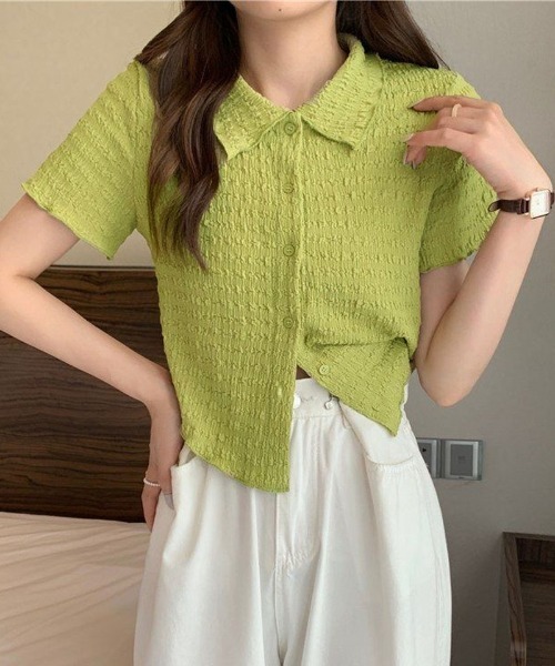 shoppinggo(ショッピングゴー)の「襟付き半袖 Tシャツ tブラウス ポロシャツ(Tシャツ/カットソー・レディース・グリーン/ホワイト/ピンク/ベージュ・M)」の3枚目の写真
