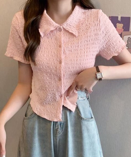 shoppinggo(ショッピングゴー)の「襟付き半袖 Tシャツ tブラウス ポロシャツ(Tシャツ/カットソー・レディース・グリーン/ホワイト/ピンク/ベージュ・M)」の14枚目の写真