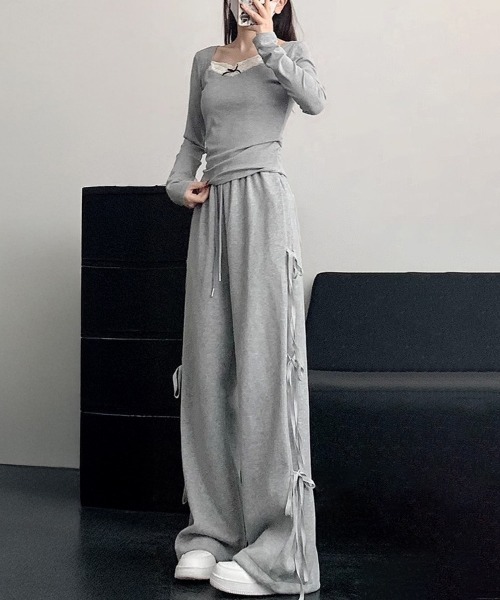 Miniministore(ミニミニストア)の「スウェットパンツサイドリボンワイドパンツ(スウェットパンツ・レディース・サーモンピンク/グレー・L/M)」の6枚目の写真