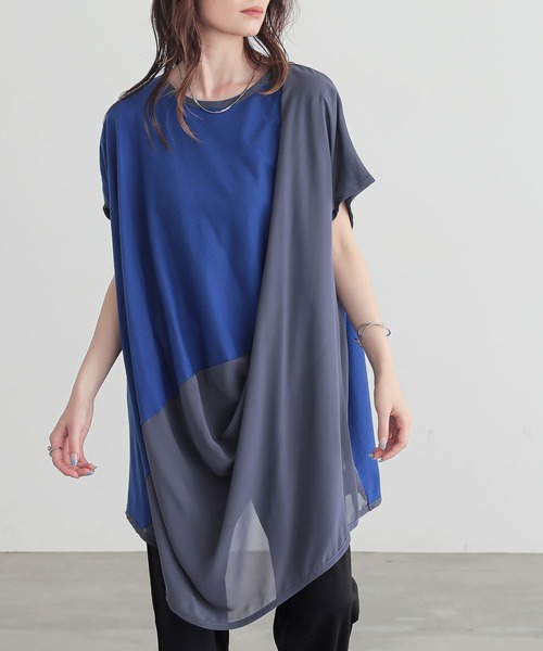 n'OrLABEL(ノアールレーベル)の「異素材ドレープカットソーチュニック(Tシャツ/カットソー・レディース・ブルー/ブラック/ライトグレー・FREE)」の3枚目の写真