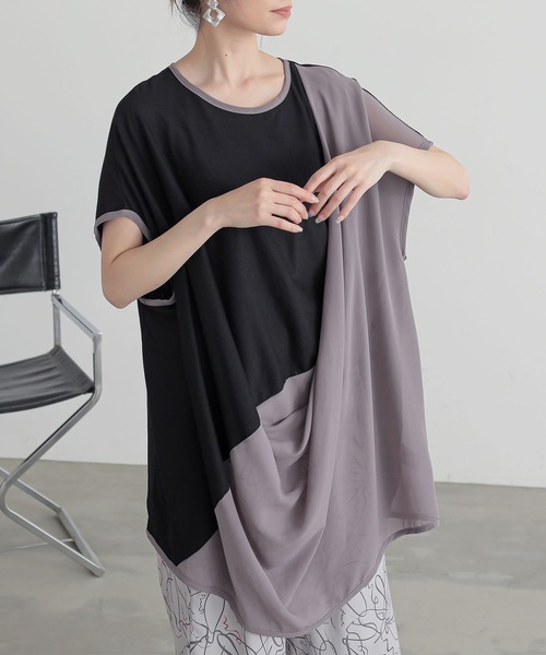 n'OrLABEL(ノアールレーベル)の「異素材ドレープカットソーチュニック(Tシャツ/カットソー・レディース・ブルー/ブラック/ライトグレー・FREE)」の1枚目の写真