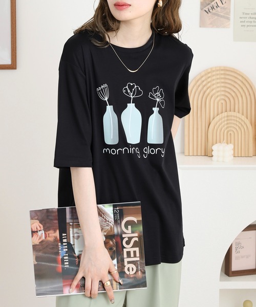BRODIAEA（ブローディア）の「BRODIAEA 線画フラワープリント半袖Tシャツ（Tシャツ/カットソー・レディース・ベージュ/オフホワイト/イエロー/ピンク/ブラック・40）」の10枚目の写真