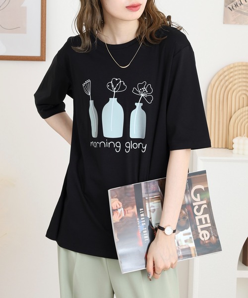 BRODIAEA（ブローディア）の「BRODIAEA 線画フラワープリント半袖Tシャツ（Tシャツ/カットソー・レディース・ベージュ/オフホワイト/イエロー/ピンク/ブラック・40）」の12枚目の写真