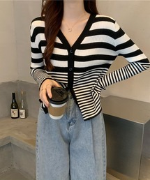 ボーダー柄 長袖 リブ カーディガン