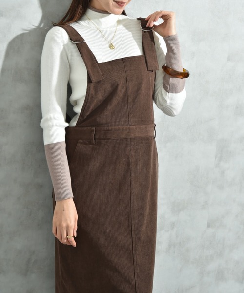 INTERPLANET（インタープラネット）の「ストレッチコーデュロイジャンスカ（ジャンパースカート・レディース・ダークブラウン/ライトベージュ・FREE）」の10枚目の写真