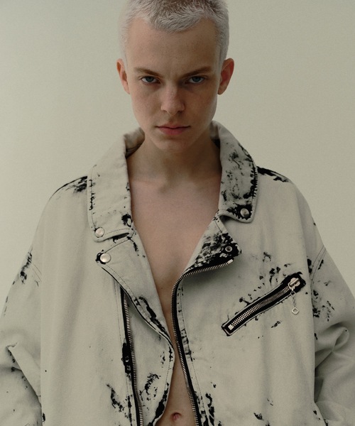 DISCOVERED(ディスカバード)の「BLACK BLEACH W RIDERS BLOUSON(ライダースジャケット・メンズ・ホワイト/ブラック・1/3)」の1枚目の写真