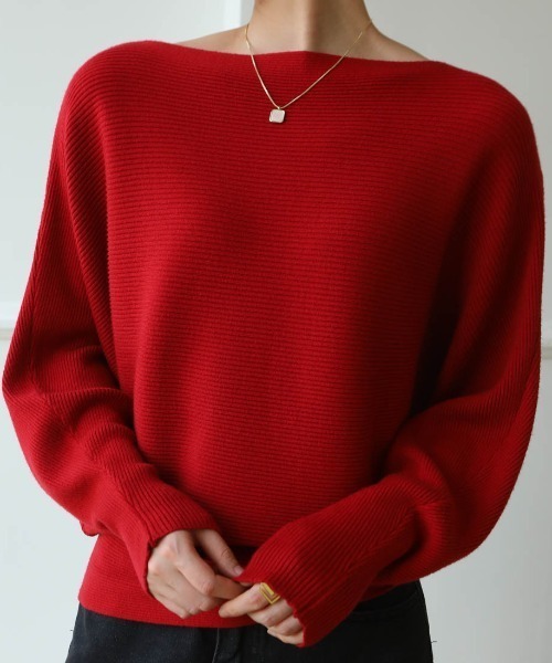 ランバンスポール　フード付きニット　レッド セール】スウェットライククルーネックニット（ニット/セーター