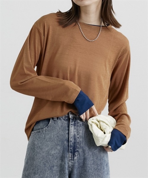 nissen（ニッセン）の「スラブシアー配色トップス（Tシャツ/カットソー・レディース・ブラウン/グレー/ブラック・M/L/LL）」の3枚目の写真