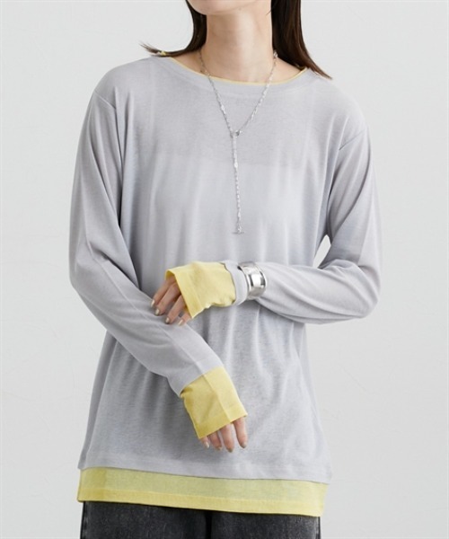 nissen（ニッセン）の「スラブシアー配色トップス（Tシャツ/カットソー・レディース・ブラウン/グレー/ブラック・M/L/LL）」の2枚目の写真