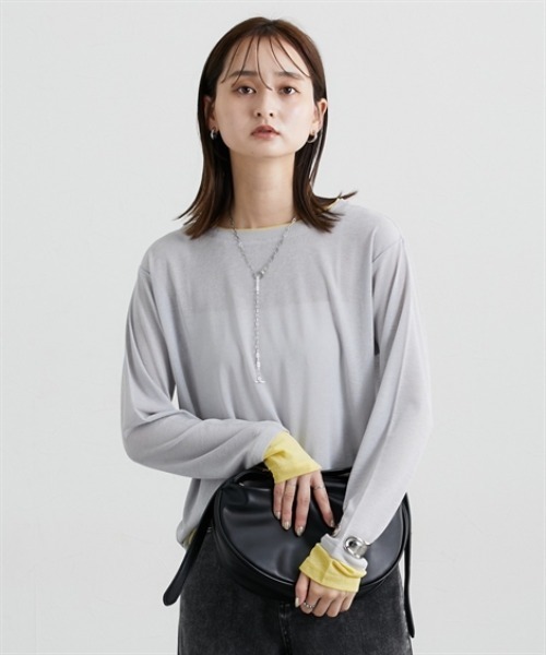 nissen（ニッセン）の「スラブシアー配色トップス（Tシャツ/カットソー・レディース・ブラウン/グレー/ブラック・M/L/LL）」の4枚目の写真