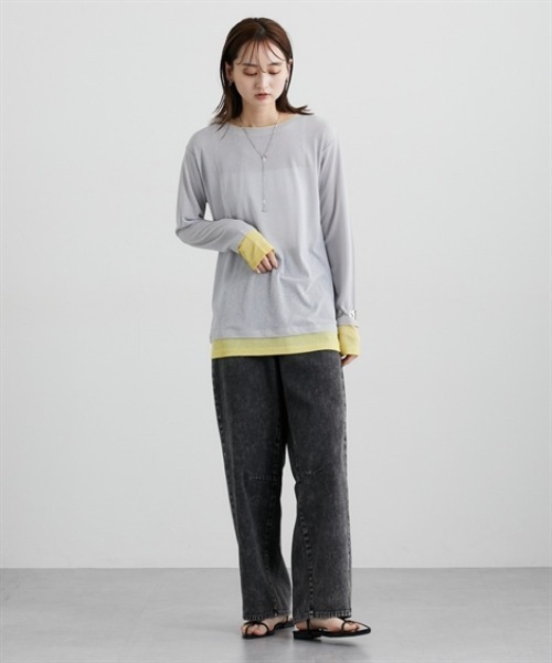 nissen（ニッセン）の「スラブシアー配色トップス（Tシャツ/カットソー・レディース・ブラウン/グレー/ブラック・M/L/LL）」の5枚目の写真