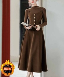 ロングフレアワンピース 裏起毛 レイヤード風 長袖 ラウンドネック レディース