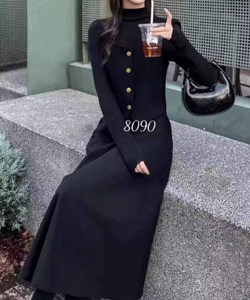 shoppinggo(ショッピングゴー)の「ロングフレアワンピース 裏起毛 レイヤード風 長袖 ラウンドネック レディース(ワンピース・レディース・ブラウン/ブラック・M)」の16枚目の写真