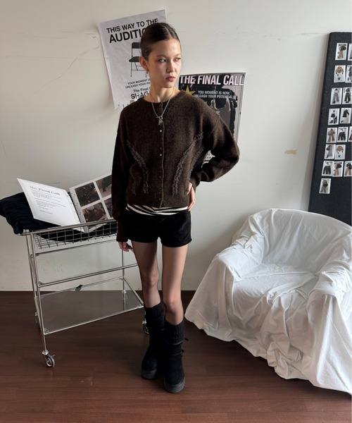 SHAGGIE（シャギー）の「ウール混チュールフリルクルーネックニットカーディガン（カーディガン/ボレロ・レディース・ブラウン/チャコールグレー・FREE）」の7枚目の写真