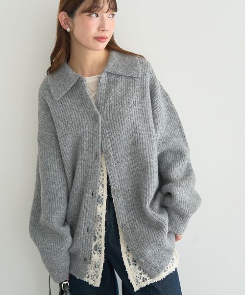 earth music&ecology（アースミュージックアンドエコロジー）の「襟付きニットアウター（その他アウター・レディース・ライトベージュ/ライトブルー/杢グレー・FREE）」の4枚目の写真