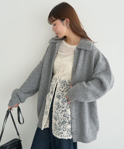 earth music&ecology（アースミュージックアンドエコロジー）の「襟付きニットアウター（その他アウター・レディース・ライトベージュ/ライトブルー/杢グレー・FREE）」の6枚目の写真