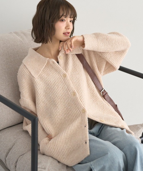 earth music&ecology（アースミュージックアンドエコロジー）の「襟付きニットアウター（その他アウター・レディース・ライトベージュ/ライトブルー/杢グレー・FREE）」の2枚目の写真